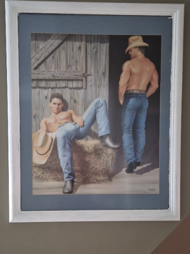 Pastel artwork depicting two shirtless cowboys in a barn setting