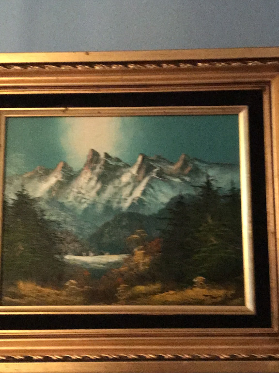 Oil painting depicting a mountain landscape with autumn foliage, artist unknown