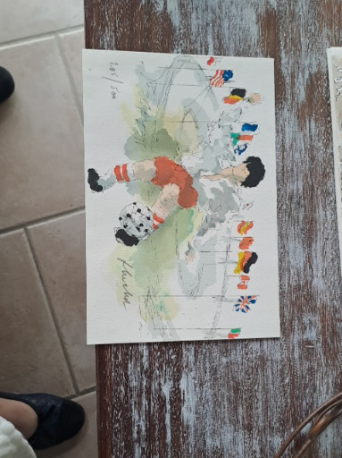 Aquarelle sur papier représentant une scène de football par Urbain Huchet