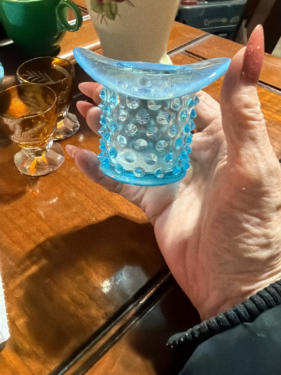 Blue opalescent hobnail glass top hat toothpick holder by Fenton