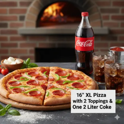 16 inch Pizza with 2 Toppings & 2-Liter Soda Deal