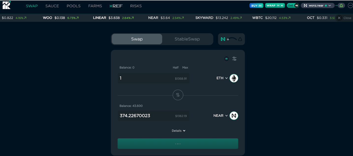 Ref.finance Swap Page.