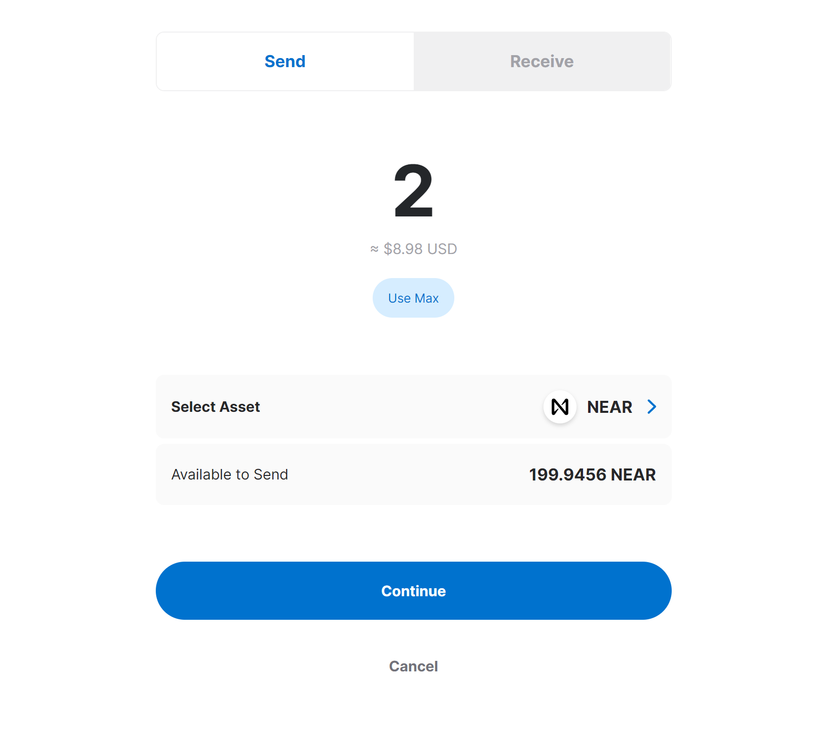 Send page, shows an input of 2 NEAR equivalent at the time of publishing to $8.98.