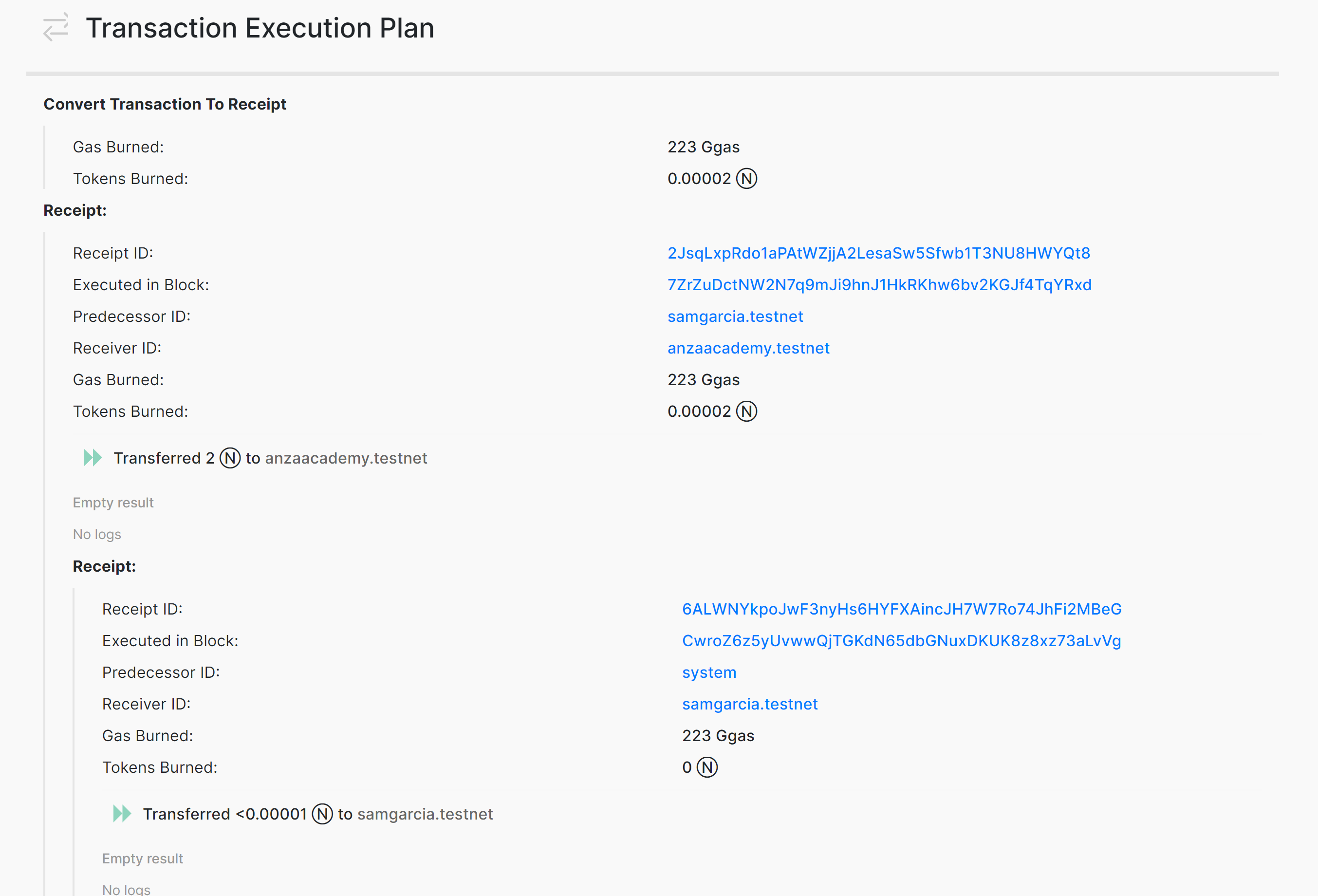 Transaction Execution Plan Details on NEAR Explorer.