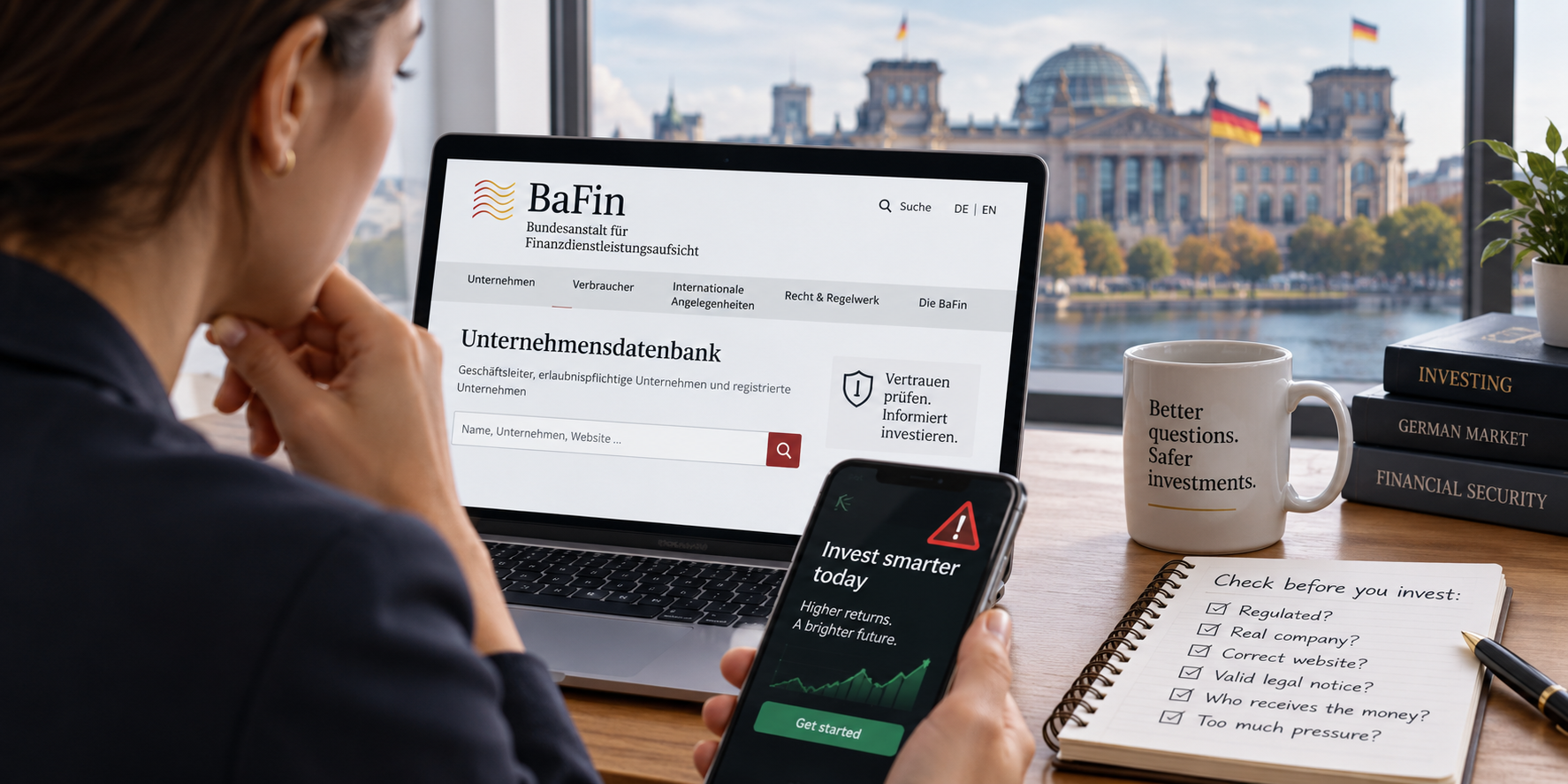 Investor checking an online investment platform in BaFin before transferring money in Germany.