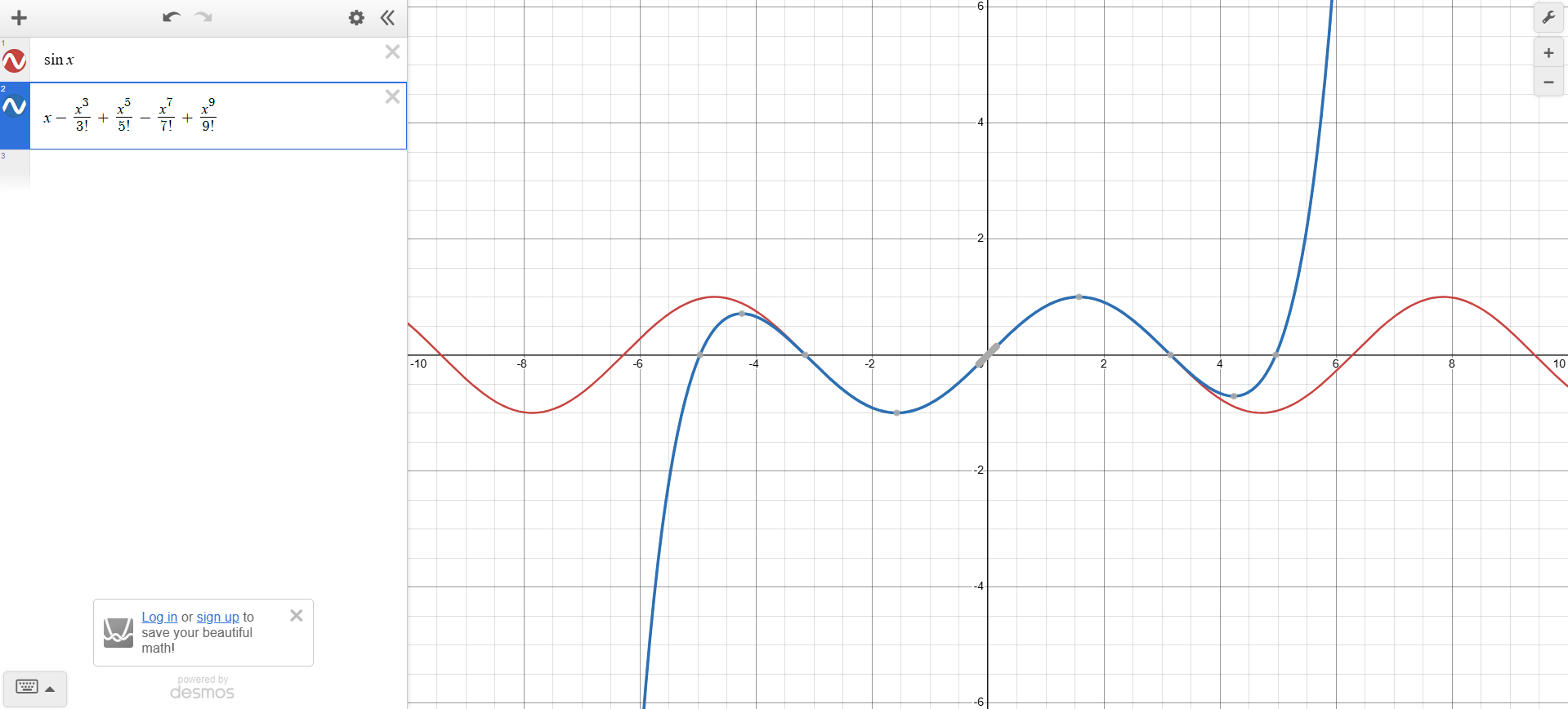 This 9th-degree Taylor Polynomial for sin(x) is made with Desmos