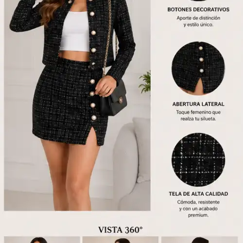 CONJUNTO FEMENINO FALDA + CHAQUETA NEGRO Y ROSADO