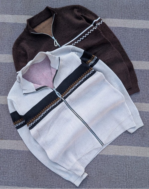 Pull homme zippé — Cardigan tricot col montant, rayures (plusieurs couleurs)