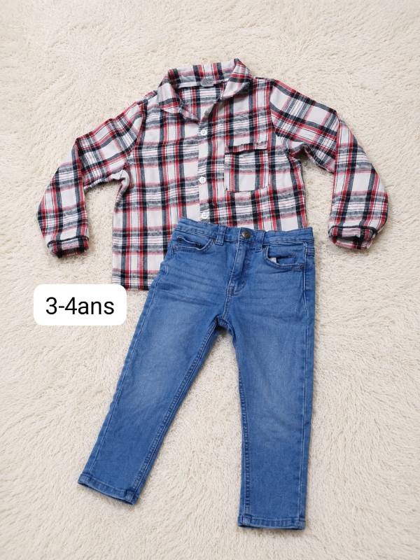 Pantalon jeans bleu et chemise carreaux (friperie)
Pour enfant garçon ou fille de 3-4ans