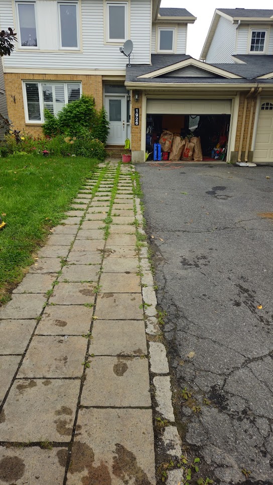 A driveway with multiple cracked pavers.