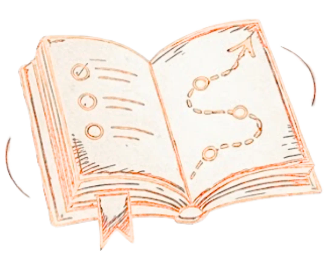 Libro abierto con un camino de puntos y flechas que representa una guía paso a paso de aprendizaje técnico