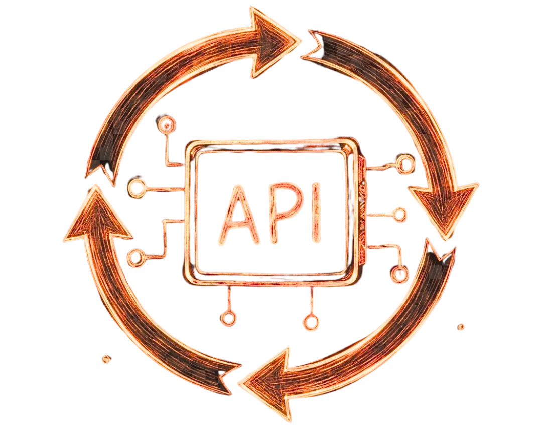 Boceto de una API rodeada por flechas de ciclo. Representa la actualización, el cambio y el mantenimiento de integraciones.