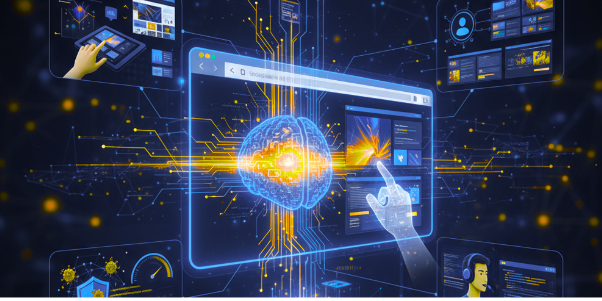 Cerebro de IA centralizado, conectado a Low-Code/No-Code, Desarrollo por Voz, Diseño Adaptativo y Optimización de Seguridad.