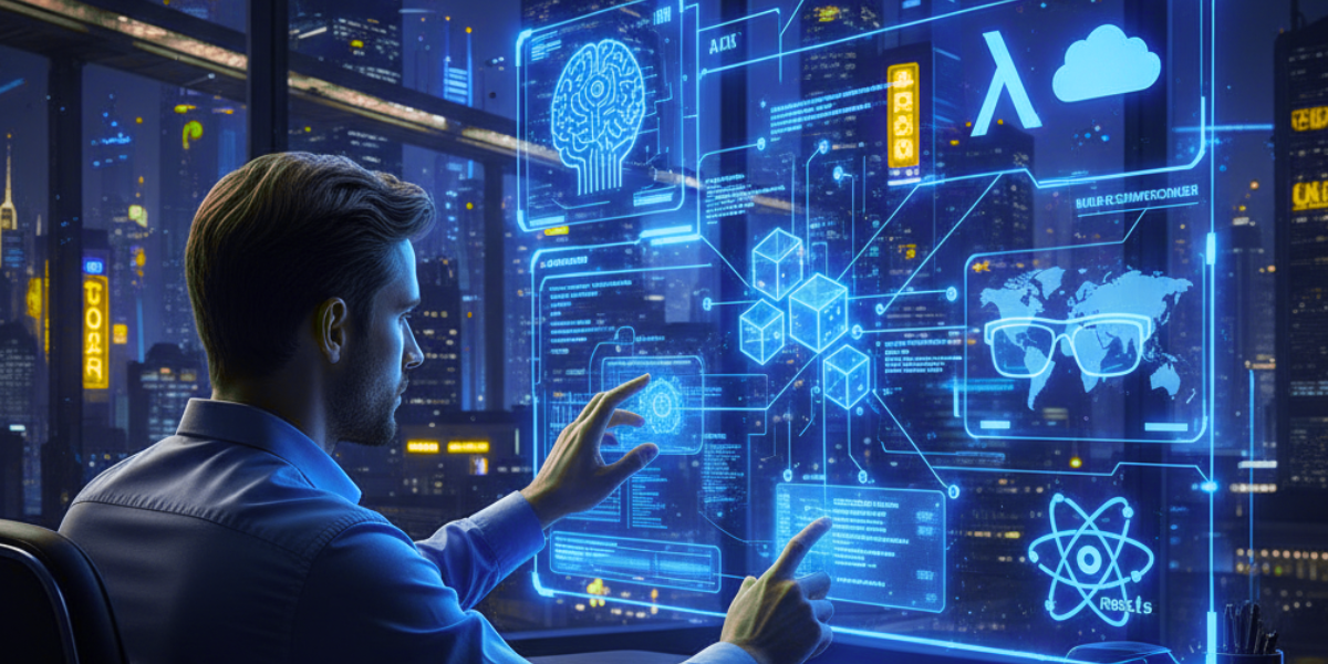 Collage de logos de tecnologías de desarrollo web como React, JavaScript y Python sobre un fondo de código.