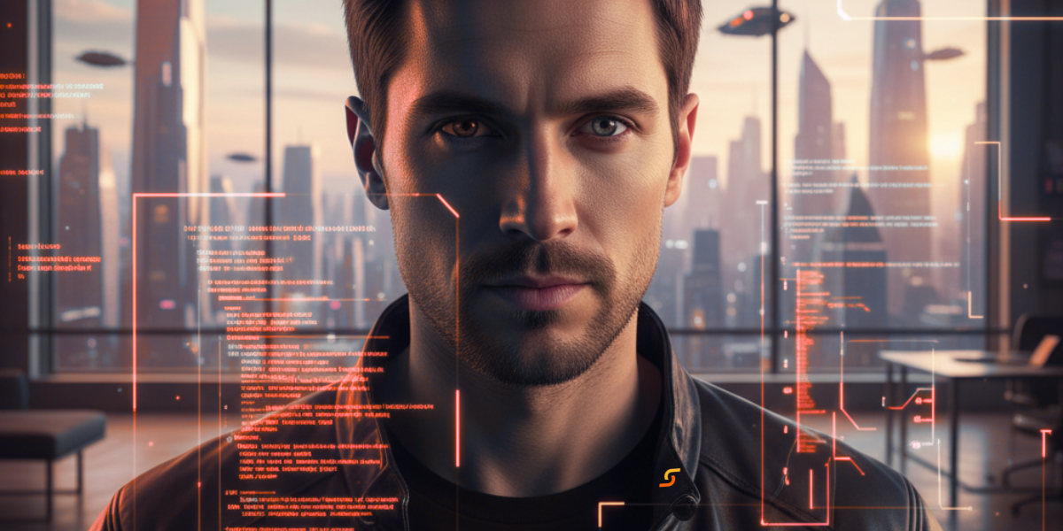 Desarrollador moderno, mirada intensa, rodeado por interfaz holográfica de código en un estudio futurista. Es el arquitecto