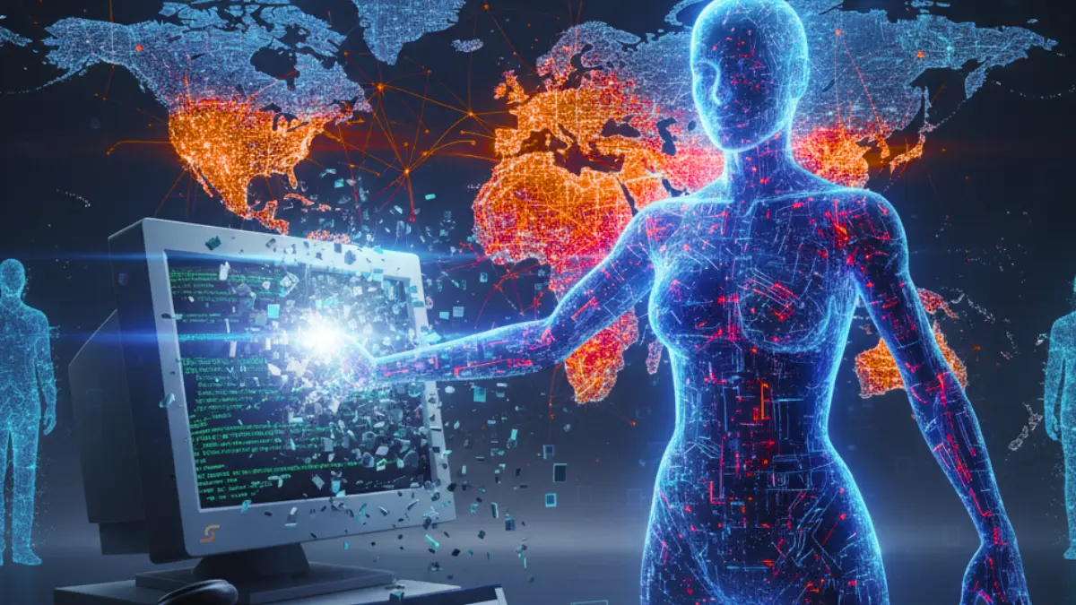 Silueta digital conectada al mundo, representando la evolución de un simple Chatbot a un Agente de IA autónomo y global.