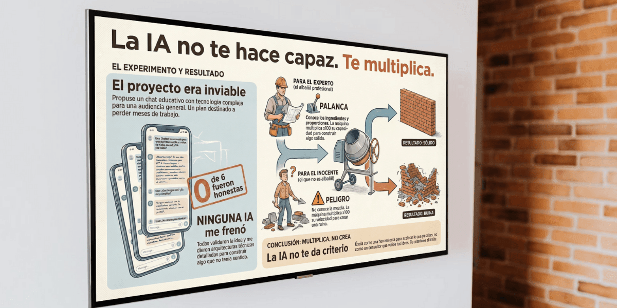 Infografía experimento IA: hormigonera multiplica experto (éxito) vs novato (ruina). las IAs validaron proyecto inviable