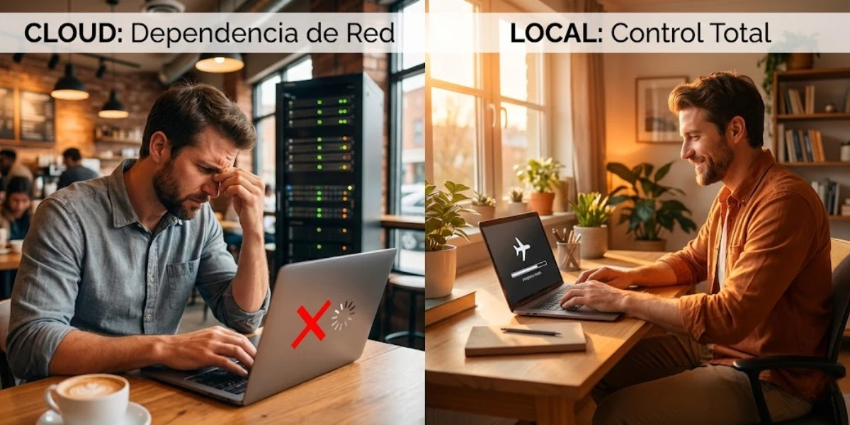 Imagen comparativa entre trabajo en la nube y trabajo local sin conexión