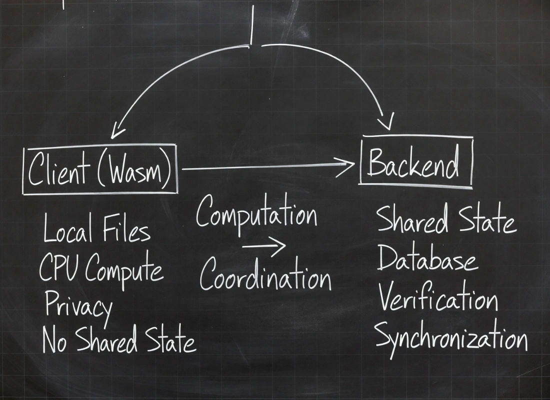 Diagrama arquitectura Wasm: Client (Wasm) para computación local y Backend para coordinación y estado compartido