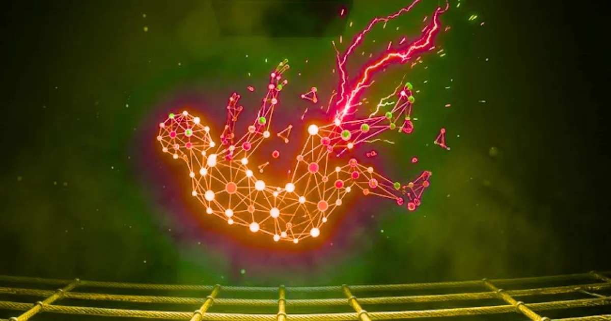 Figura digital cayendo hacia una red de seguridad industrial, metáfora del LLM sin verificación determinista aguas abajo