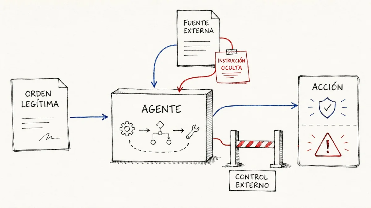 Diagrama de prompt injection: orden legítima e instrucción oculta entran al agente; el control externo decide la acción.