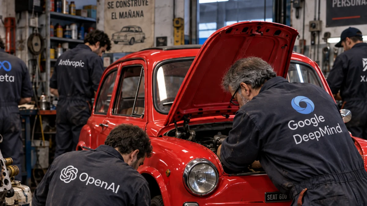 Cinco mecánicos y un 600 Taller mecánico con operarios de OpenAI, Anthropic, Google DeepMind, Meta y xAI arreglando un Seat 600.