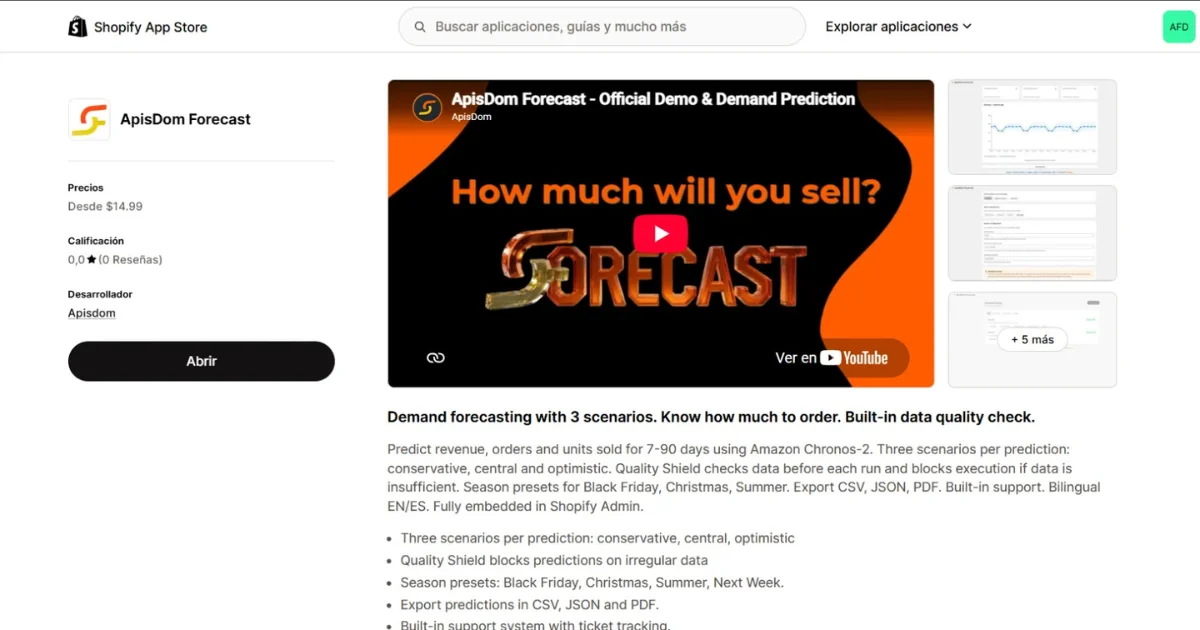 Ficha de ApisDom Forecast en Shopify App Store con vídeo de demostración, descripción y capturas de la aplicación.