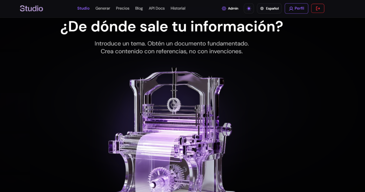 Portada de Studio con el mensaje «¿De dónde sale tu información?» y una máquina transparente de tonos violetas.