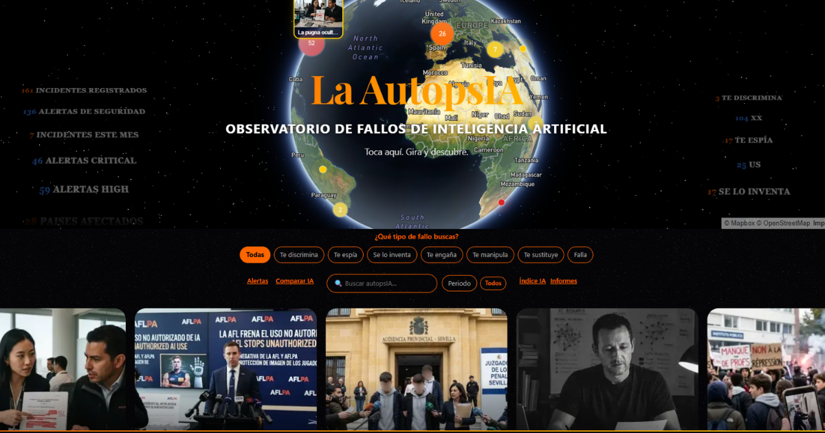 Portada de La AutopsIA con globo interactivo, contadores de incidentes y alertas, filtros y tarjetas de noticias.