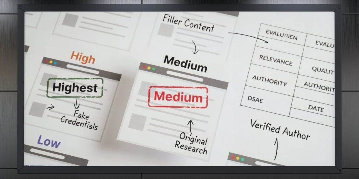 Diagrama de página web en capas mostrando Scaled Content Abuse, Fake E-E-A-T, Filler Content y Low Effort MC bajo una lupa