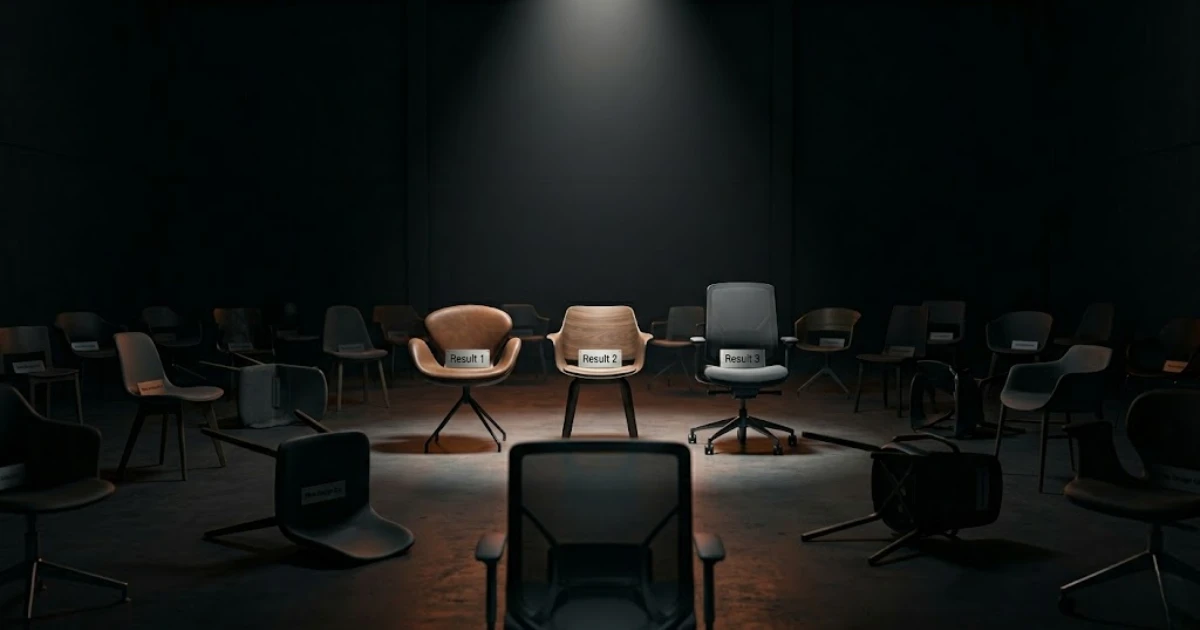 Sala oscura con sillas vacías alrededor y tres iluminadas en el centro con las etiquetas Result 1, Result 2 y Result 3, representando las marcas que aparecen citadas en las respuestas de los motores.