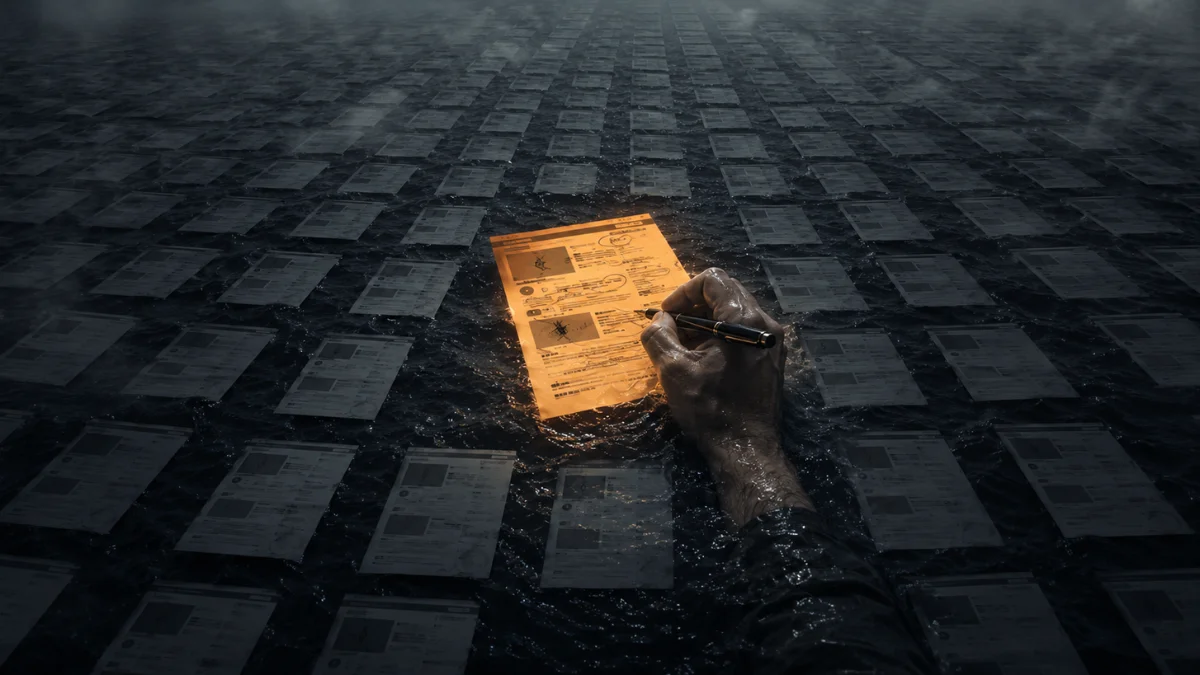 Dark ocean filled with identical AI-generated web pages with one human-marked page glowing amber, showing authentic content versus AI slop