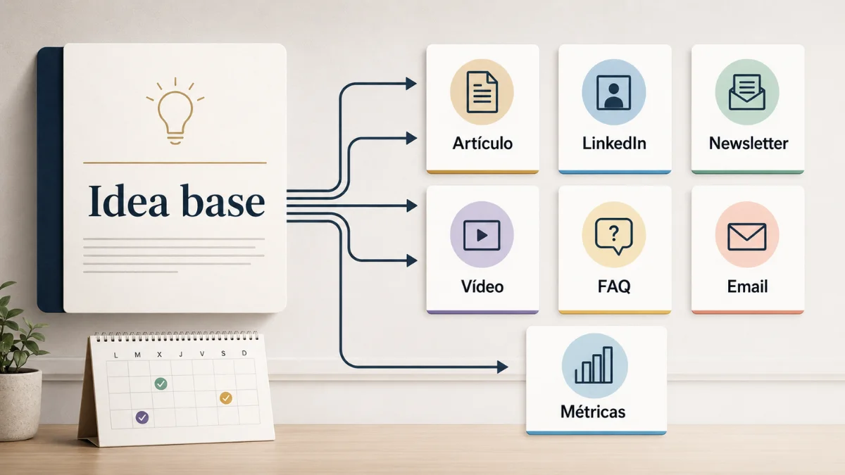 Esquema sobre una mesa que muestra una idea base a la izquierda y flechas que salen hacia siete formatos derivados: artículo, LinkedIn, newsletter, vídeo, FAQ, email y métricas, junto a un calendario con días marcados.