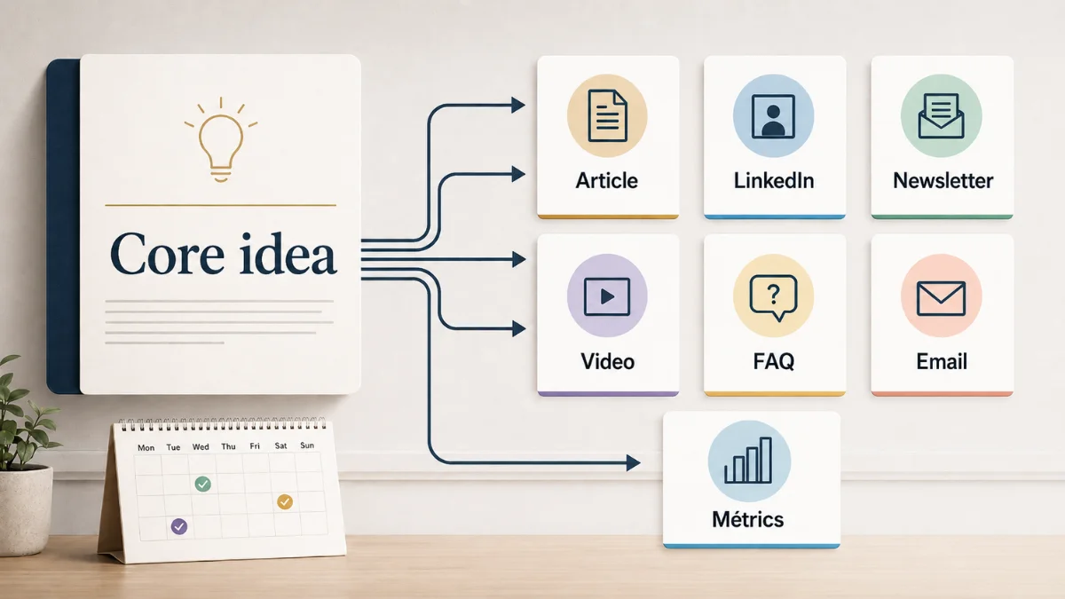 Desk diagram showing a base idea on the left with arrows branching out to seven derived formats: article, LinkedIn, newsletter, video, FAQ, email and metrics, next to a calendar with marked days.