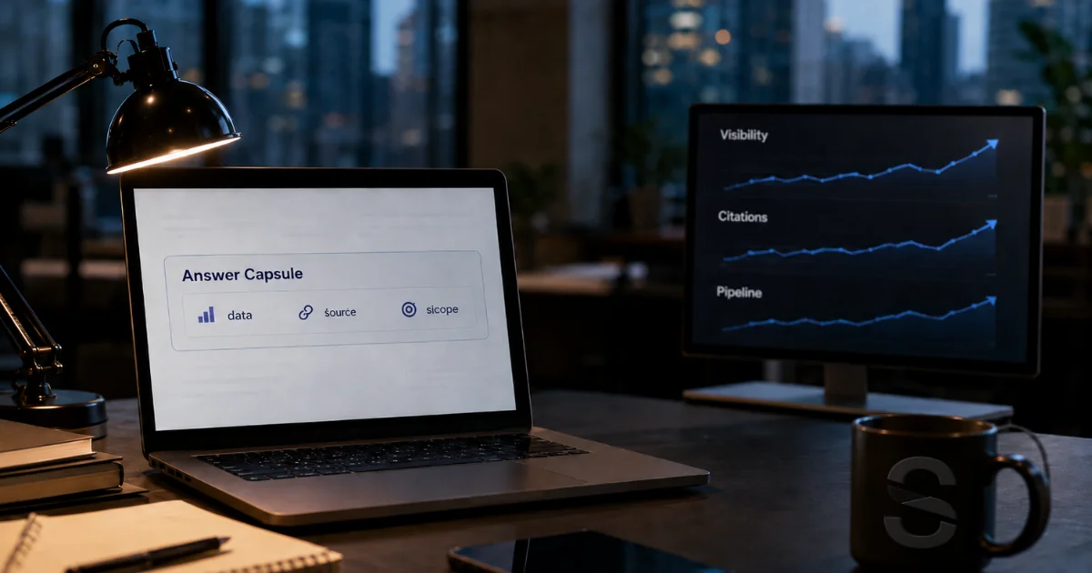 Laptop showing an Answer Capsule built on data, source and scope, beside a monitor with visibility, citation and pipeline charts in a nighttime office.