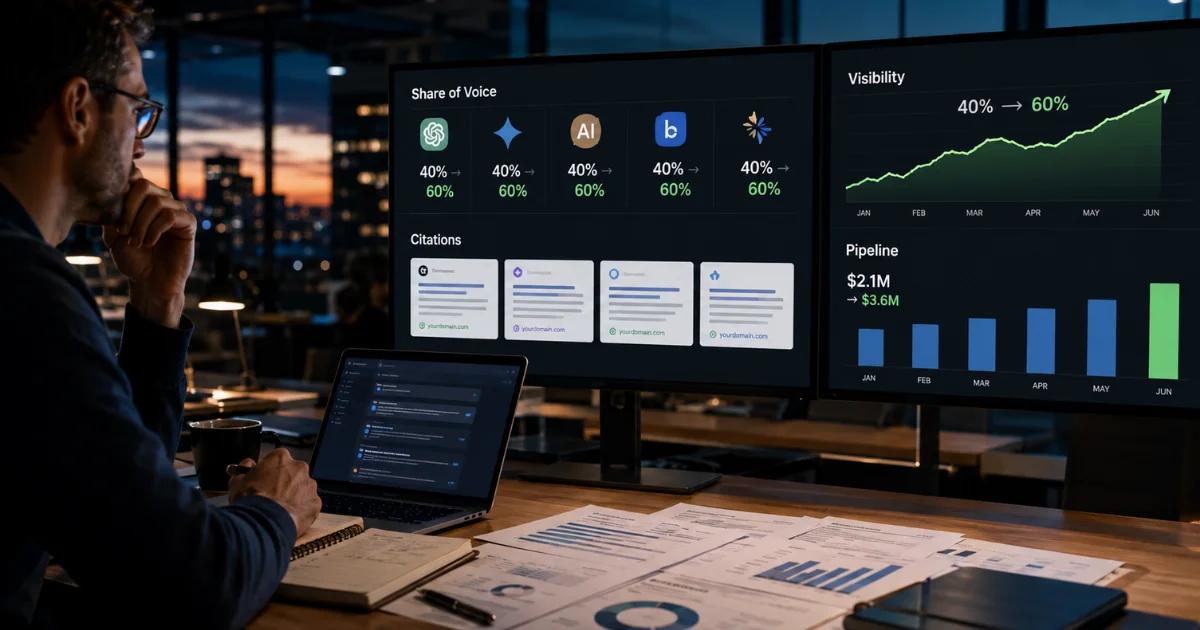 Analyst in a night office reviews dashboards showing Share of Voice, citations, visibility and rising pipeline across two monitors.