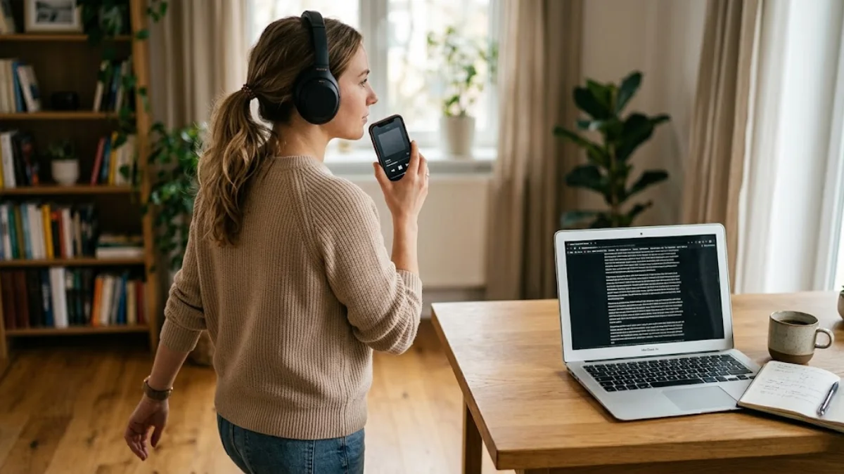 Mujer con auriculares escucha en el móvil la versión en audio de un artículo abierto en el portátil mientras se aleja de la mesa de trabajo.