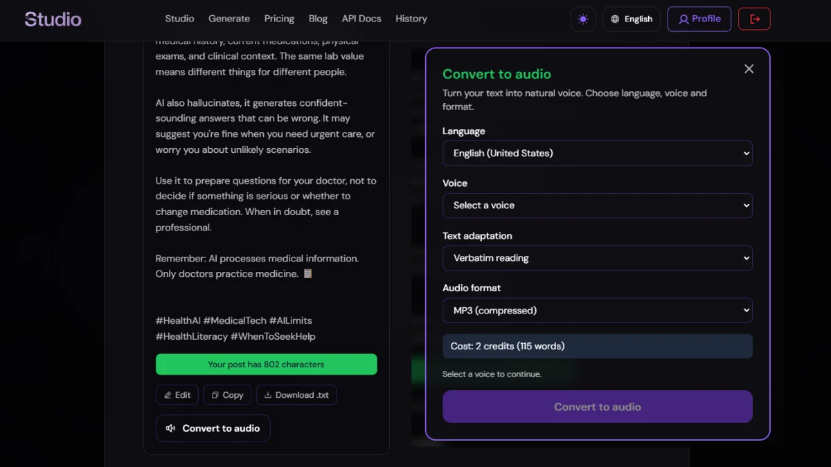 Studio’s text-to-audio window with options for language, voice, text adaptation, MP3 format, and an estimated cost of 2 credits.