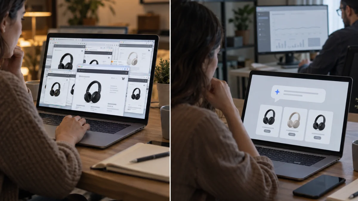 Split view of a shopper comparing headphone listings manually, then viewing an AI-generated shortlist of three products.