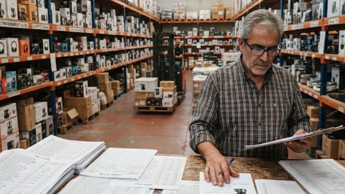 Older shop owner reviews printed inventory sheets inside a warehouse filled with boxed electronics and accessories.