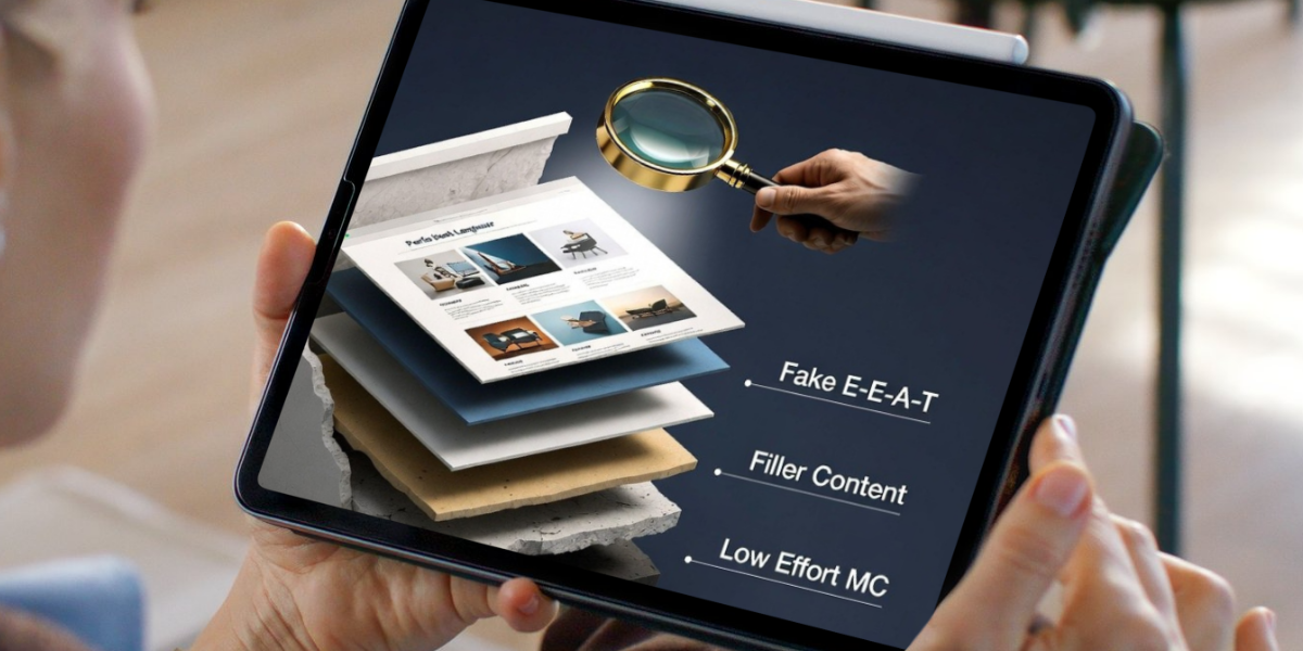 Layered diagram of a web page under a magnifying glass showing Scaled Content Abuse, Fake E-E-A-T, Filler Content and Low Effort MC as low-quality signals for Google