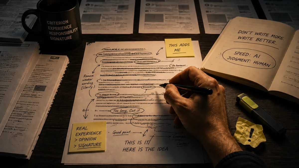 Human hand correcting a printed AI-generated text with a pen, surrounded by post-it notes about real experience, opinion and signature, illustrating human judgment as the final layer over the automated draft