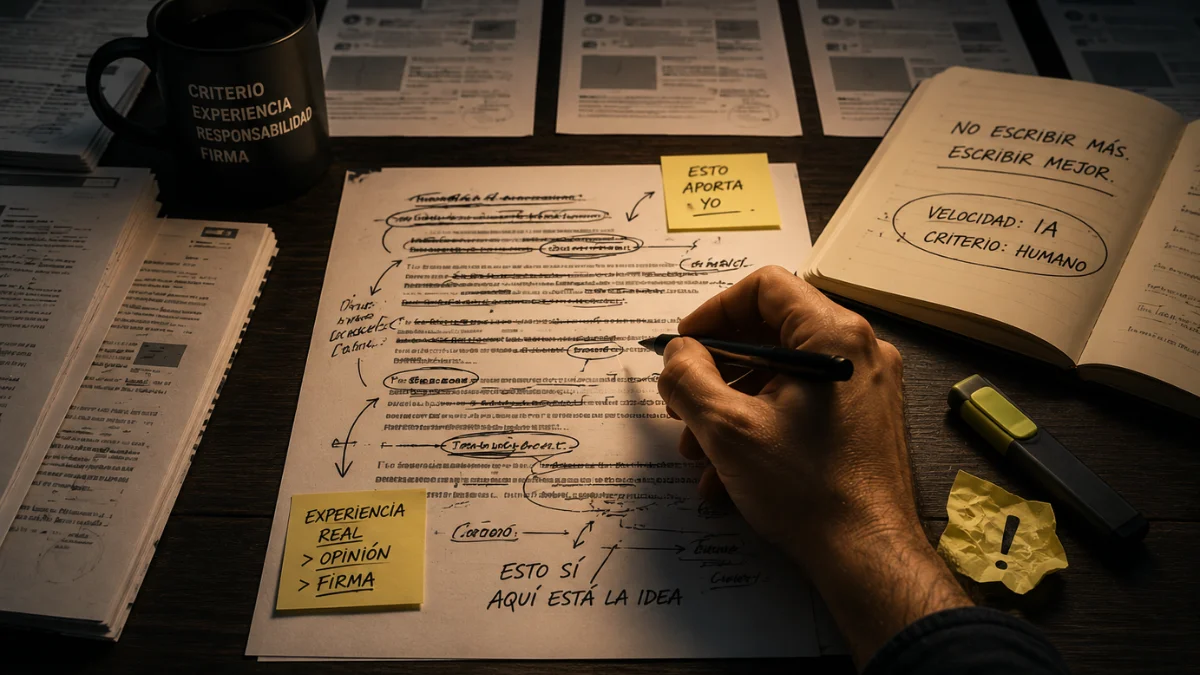 Mano humana corrigiendo con bolígrafo un texto impreso generado por IA, rodeada de post-its con experiencia real, opinión y firma, ilustrando el criterio humano como capa final sobre el borrador automatizado