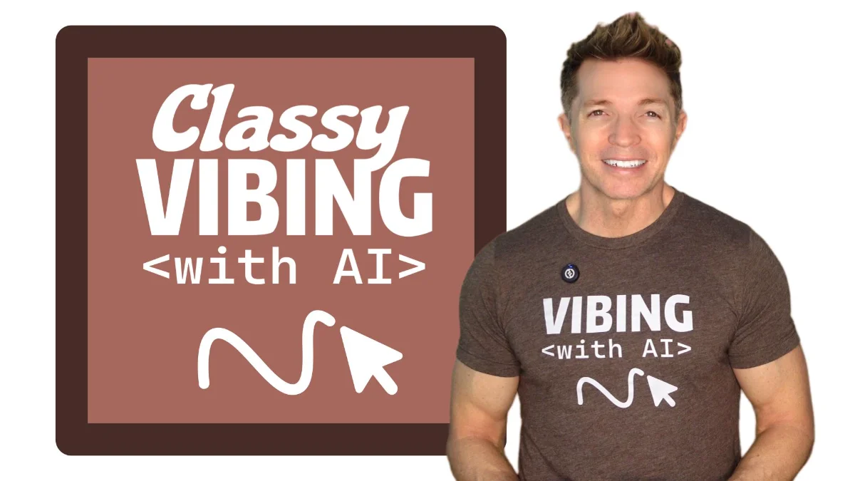 Tony stadning next to the Classy Vibing with AI logo