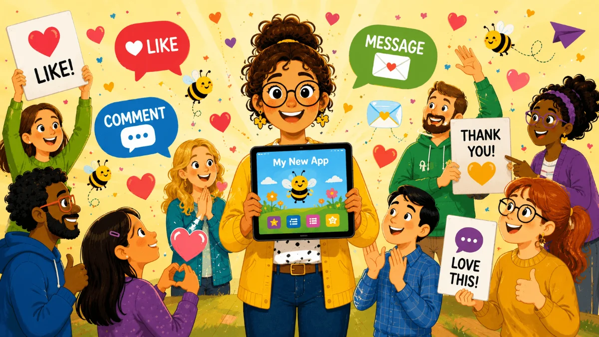 A teacher holding a tablet showing off her app. She's surrounded by a crowd of teachers cheering her one with likes and comments.