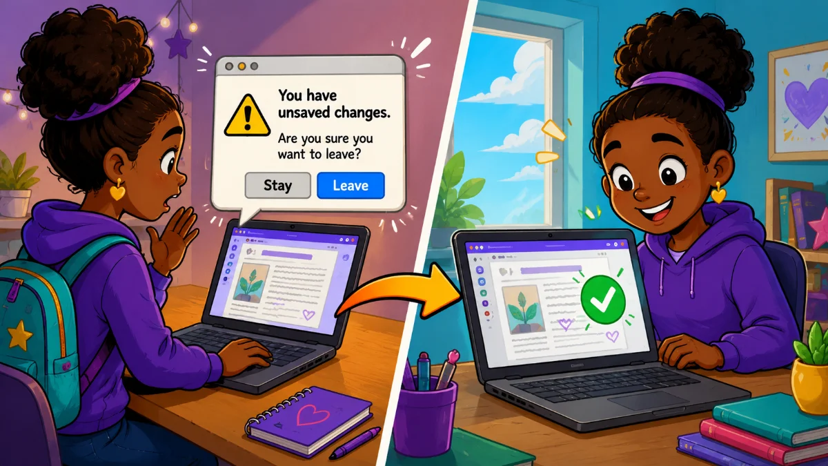 Cartoon illustration of a student seeing an unsaved changes warning on a laptop and later returning to find their work restored with a green checkmark.