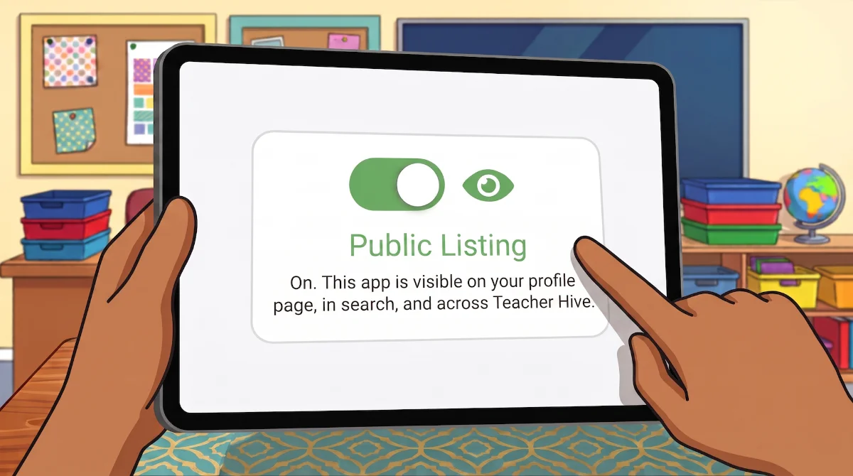 An illustration from a first-person perspective showing two hands holding a tablet in a classroom. The user's right index finger is touching the screen. The tablet displays a settings box titled 'Public Listing' with a green toggle switch in the 'on' position next to an eye icon. Below the title, the text reads, 'On. This app is visible on your profile page, in search, and across Teacher Hive.' The blurred background features a classroom setting with a bulletin board, a television monitor, colorful storage bins, and a globe. Generated with Gemini.