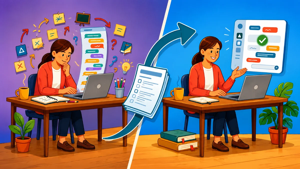 Side-by-side illustration of a teacher transforming a messy brainstorming session into a polished checklist, with a large arrow connecting the two scenes to show the process from planning to completion. Generated by ChatGPT