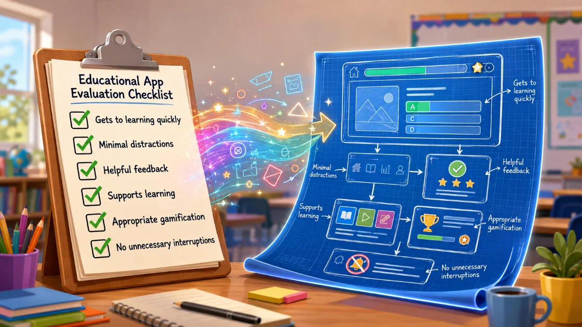 Colorful cartoon illustration of an educational app evaluation checklist on a clipboard transforming into a glowing app blueprint in a classroom, symbolizing how thoughtful evaluation leads to better learning-focused app design.