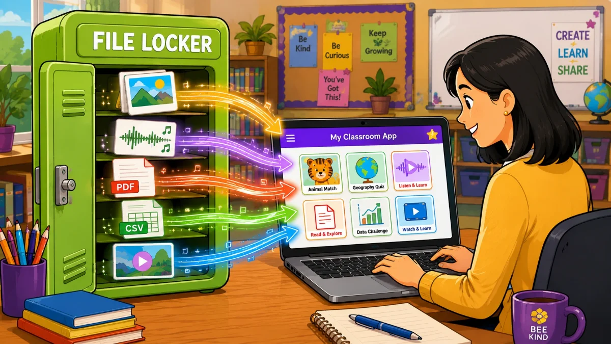 Illustrated teacher uses a laptop as files flow from a green File Locker into a classroom app.
